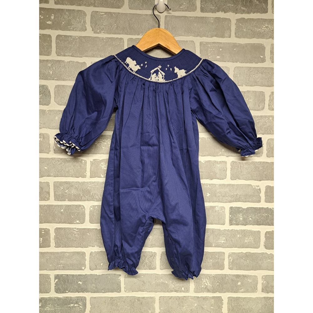 Babeeni‎ Embroidered Romper Bodysuit Blue Smock Puff Sleeve Christmas Size 12 M